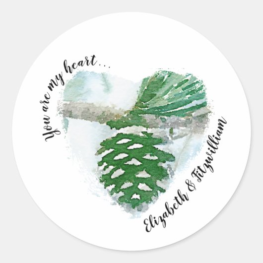 緑の淡い色の冬の松の円錐水色 ラウンドシール (正面)