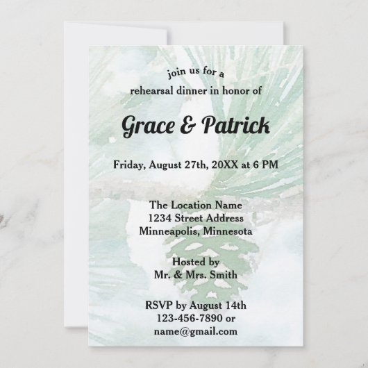 緑の淡い色の冬の松コーンリハーサルディナー 招待状 (正面)