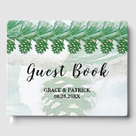 緑の淡い色の冬の松コーン水カラーブライダル ゲストブック