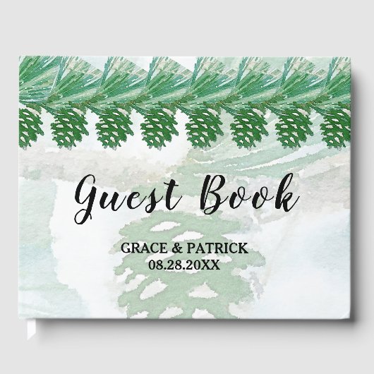 緑の淡い色の冬の松コーン水カラーブライダル ゲストブック (正面)