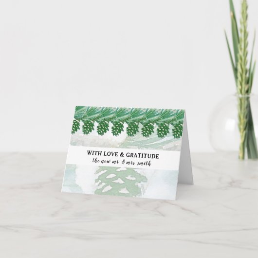 緑の淡い色の冬の松コーン水カラーブライダル サンキューカード (正面)