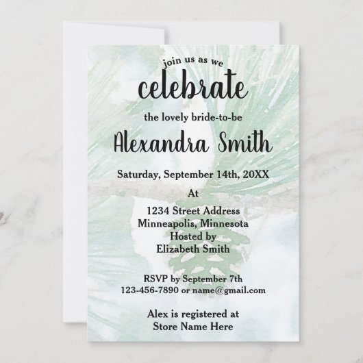 緑の淡い色の冬の松コーン水カラーブライダル 招待状 (正面)