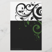 緑の渦巻きアクセントを持つ白黒 チラシ (裏面)