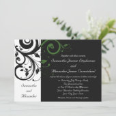 緑の渦巻きアクセントを持つ白黒 招待状 (スタンド正面)