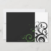 緑の渦巻きアクセントを持つ白黒 招待状 (裏面)
