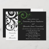 緑の渦巻きアクセントを持つ白黒 招待状 (正面/裏面)