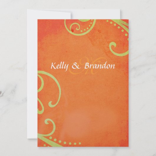 緑の渦巻き状の結婚式の招待でテクスチャードされたオレンジ 招待状 (裏面)