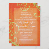 緑の渦巻き状の結婚式の招待でテクスチャードされたオレンジ 招待状 (正面/裏面)