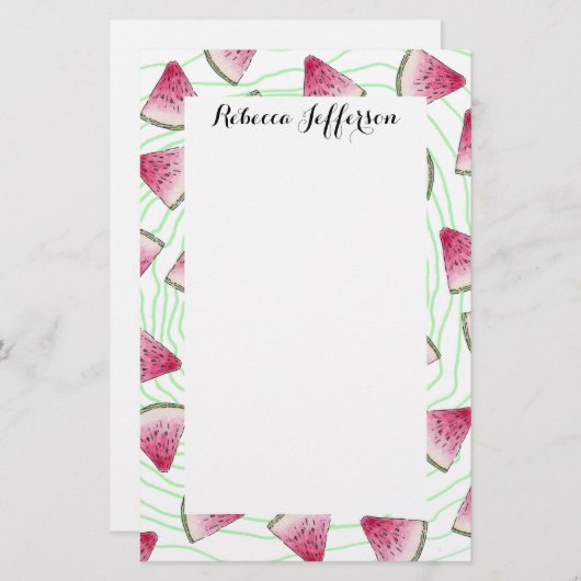 緑の渦巻の夏らしでかわいい水彩画のスイカ 便箋 (正面/裏面)