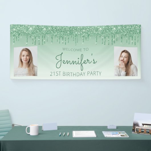 緑の滴下グリッター2枚の写真21日の誕生日 横断幕 (トレードショー)