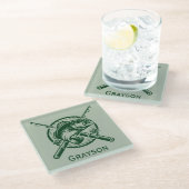 緑の漁師ポールと魚パーソナライズされた ガラスコースター (アングル)