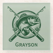 緑の漁師ポールと魚パーソナライズされた ガラスコースター (正面)