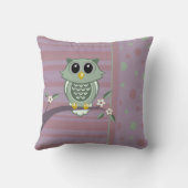 緑の漫画フクロウ、水玉模様とストライプパターン クッション (裏面)