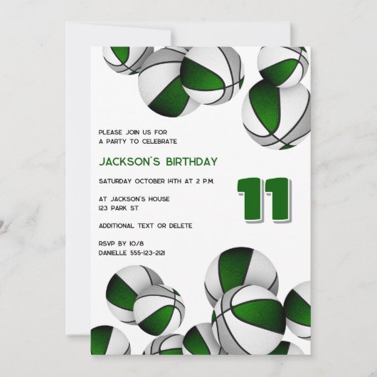 緑の灰色のチームカラーバスケットのスポーツパーティー 招待状 (正面)