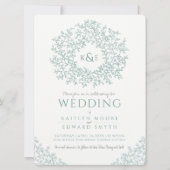 緑の灰色の手描き葉モノグラム結婚アート 招待状 (正面)
