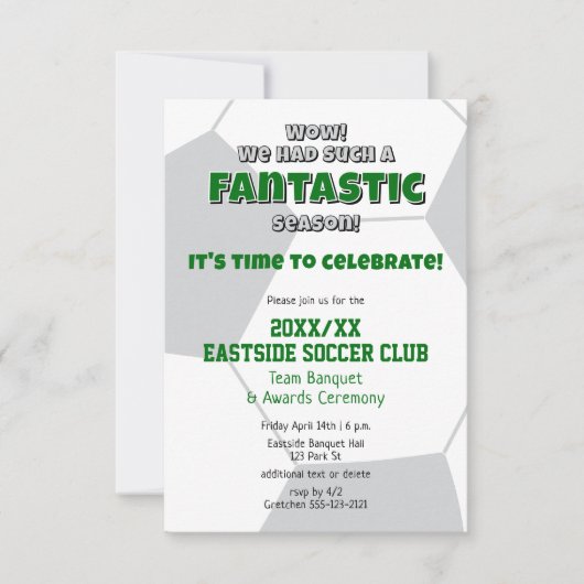 緑の灰色またはANYチームカラーのサッカーシーズン賞 招待状 (正面)