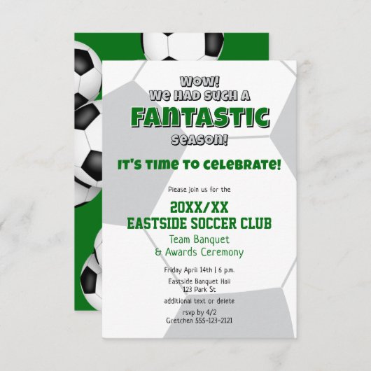 緑の灰色またはANYチームカラーのサッカーシーズン賞 招待状 (正面/裏面)