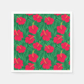 緑の熱帯の花に赤いハイビスカスの離れ花 スタンダードカクテルナプキン (正面)