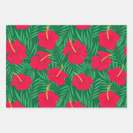 緑の熱帯の花に赤いハイビスカスの離れ花 ラッピングペーパーシート