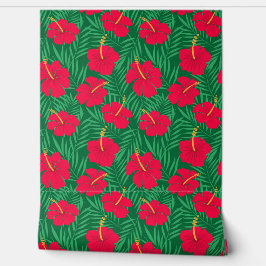 緑の熱帯の花に赤いハイビスカスの離れ花 壁紙