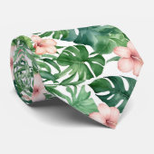 緑の熱帯の葉ピンクのハイビスカスフラワーアート ネクタイ (ロール)