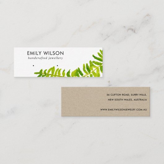緑の熱帯シダ動物相イヤリングスタッドディスプレイ スキニー名刺 (正面/裏面)