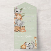 緑の熱帯ジャングルサファリベイビーシャワー動物 オールインワン招待状 (内側)