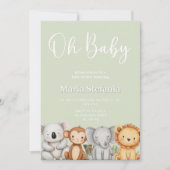 緑の熱帯ジャングルサファリベイビーシャワー動物 招待状 (正面)