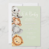 緑の熱帯ジャングルサファリベイビーシャワー動物 招待状 (正面)