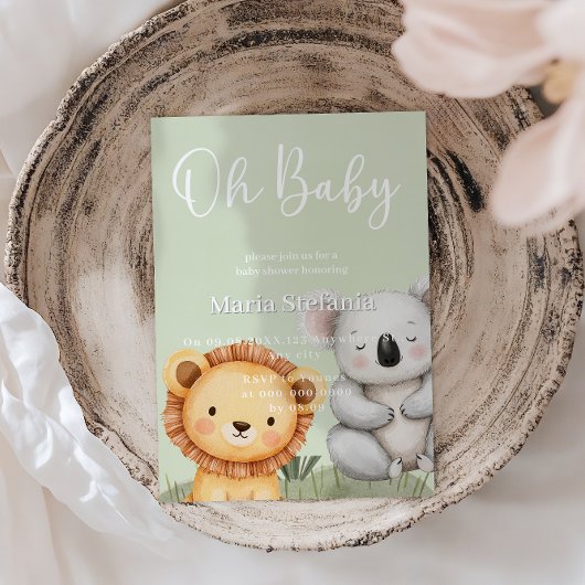 緑の熱帯ジャングルサファリベイビーシャワー動物 招待状