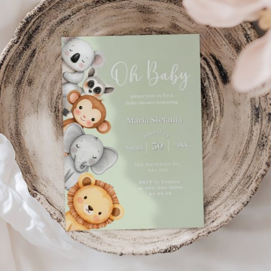 緑の熱帯ジャングルサファリベイビーシャワー動物 招待状