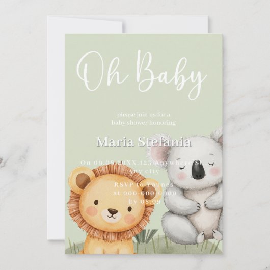 緑の熱帯ジャングルサファリベイビーシャワー動物 招待状 (正面)