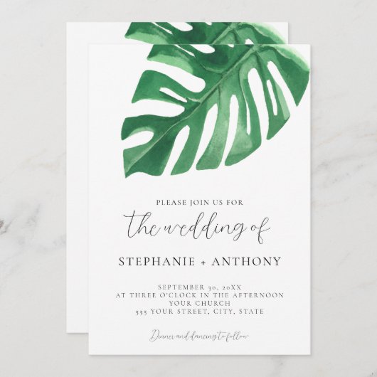 緑の熱帯モンステ葉ラの夏結婚の夏 招待状 (正面/裏面)