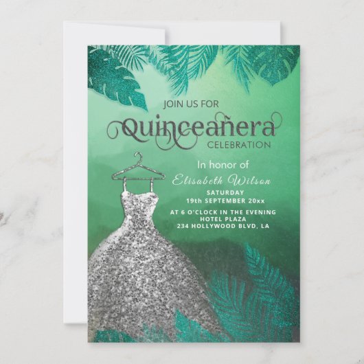 緑の熱帯夏のシルバードレスQuinceanera 招待状 (正面)