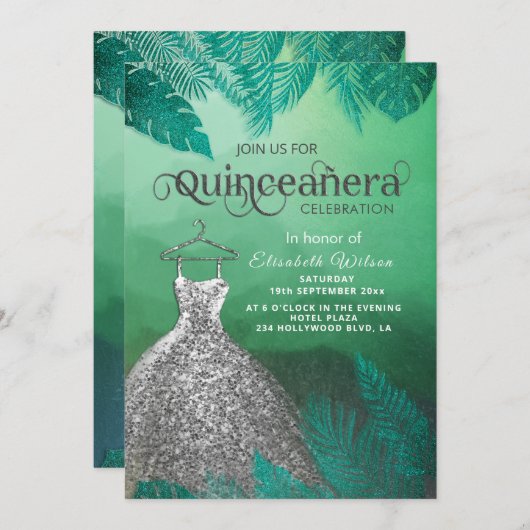 緑の熱帯夏のシルバードレスQuinceanera 招待状 (正面/裏面)
