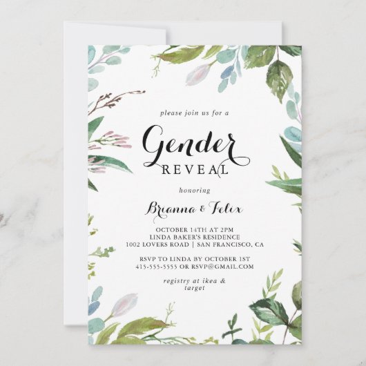 緑の熱帯書道ジェンダーがパーティー 招待状 (正面)