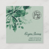 緑の熱帯水色のヘアメイクアップロゴ スクエア名刺 (正面)