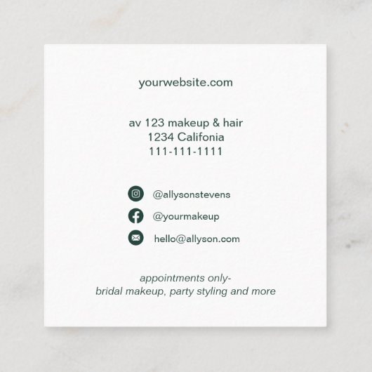 緑の熱帯水色のヘアメイクアップロゴ スクエア名刺 (裏面)