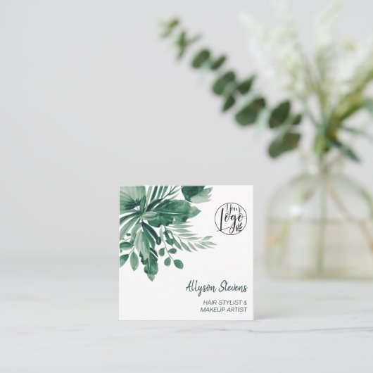 緑の熱帯水色のヘアメイクアップロゴ スクエア名刺 (スタンド正面)