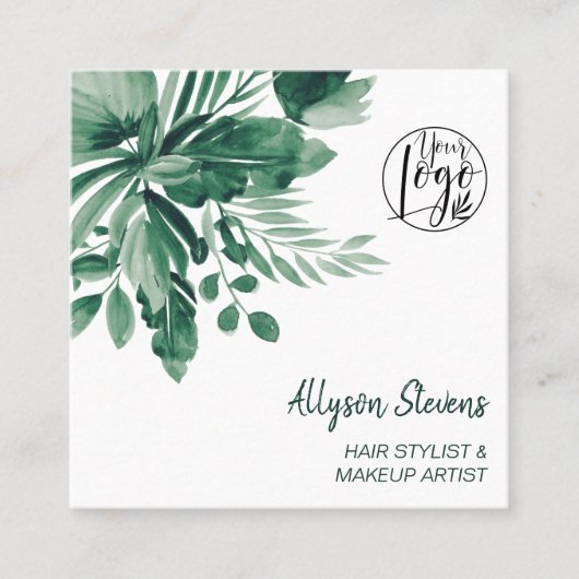 緑の熱帯水色のヘアメイクアップロゴ スクエア名刺 (正面)