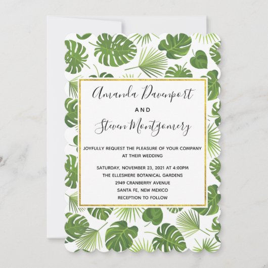 緑の熱帯葉のパタスタイリッシュン結婚ズ 招待状 (正面)