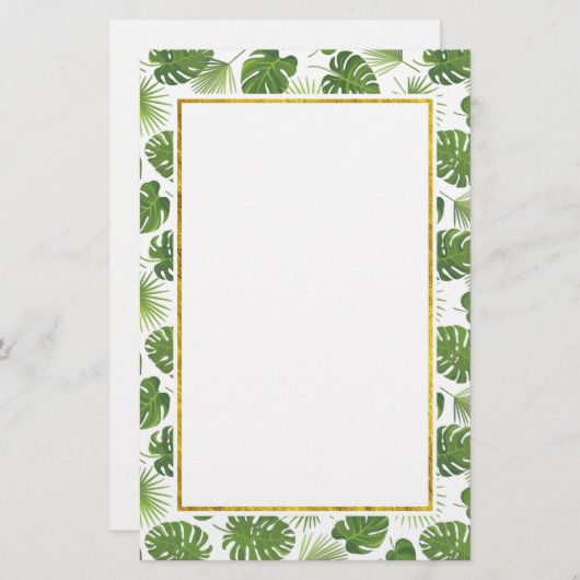 緑の熱帯葉のパターフェイクン(金ゴールド枠) 便箋 (正面/裏面)