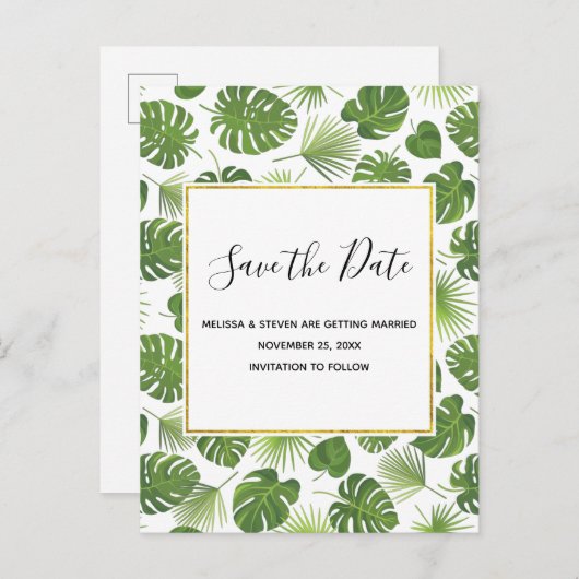 緑の熱帯葉のパターンのクラス日付を保存 インビテーションポストカード (正面/裏面)