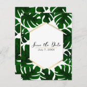 緑の熱帯葉の金ゴールド白と日付を保存 案内ポストカード (正面/裏面)