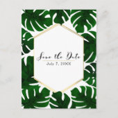 緑の熱帯葉の金ゴールド白と日付を保存 案内ポストカード (正面)