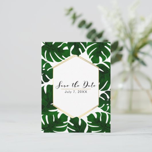 緑の熱帯葉の金ゴールド白と日付を保存 案内ポストカード (スタンド正面)