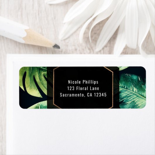 緑の熱帯葉の黒のエレガントな招待状 ラベル (インサイチュ)