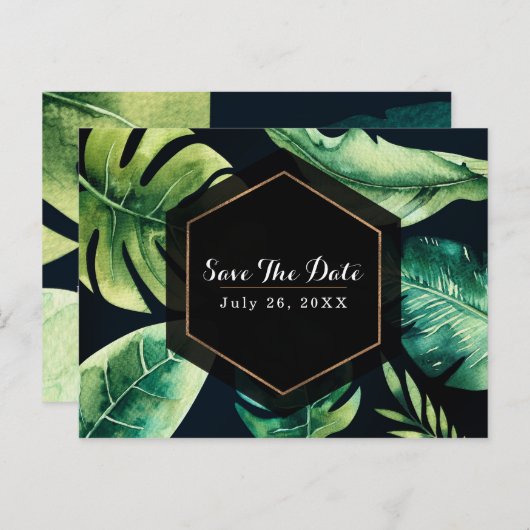 緑の熱帯葉の黒エレガントい日付を保存 案内ポストカード (正面/裏面)