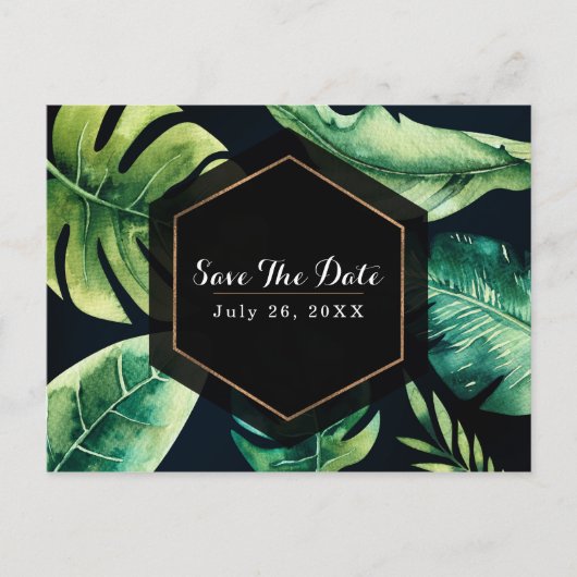 緑の熱帯葉の黒エレガントい日付を保存 案内ポストカード (正面)