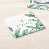 緑の熱帯葉産物名 スクエアペーパーコースター (アングル)